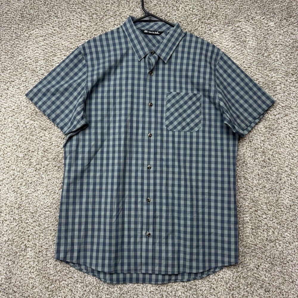 Travis Mathew Shirt Men's Large Blue Plaid Button Down Short Sleeve Nylon Golf